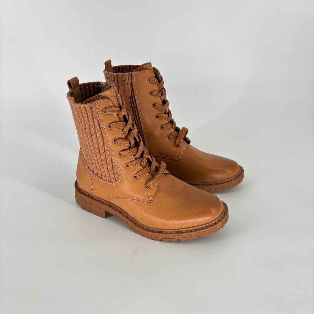 Sam Edelman Lydell Mini Boots Cuoio Brown Kids Size 2 Leather Ribbed Knit Zip Up